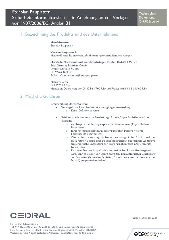 Sicherheitsinformationsblatt Eterplan Bauplatte