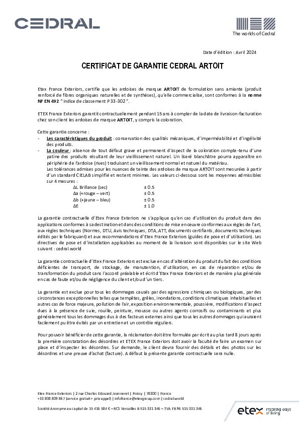 Certificat de garantie CEDRAL ARTOIT 