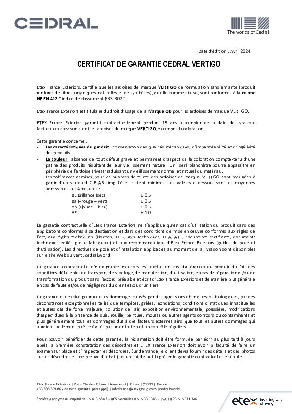 Certificat de garantie CEDRAL VERTIGO 