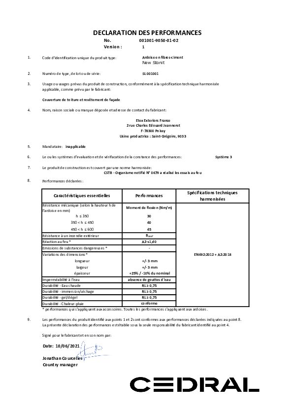 Déclaration de performance Cedral New Stonit