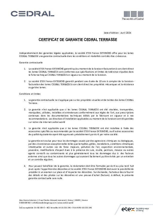 CERTIFICAT DE GARANTIE CEDRAL TERRASSE